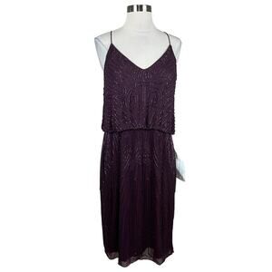 JKara Women's Cocktail Dress Size 10 Purple Beaded Chiffon Sleeveless Sheath